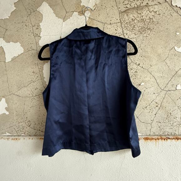 Vintage California Dynasty Blouse Sleeveless Silky Top Navy Button Front Vest L - Picture 5 of 5
